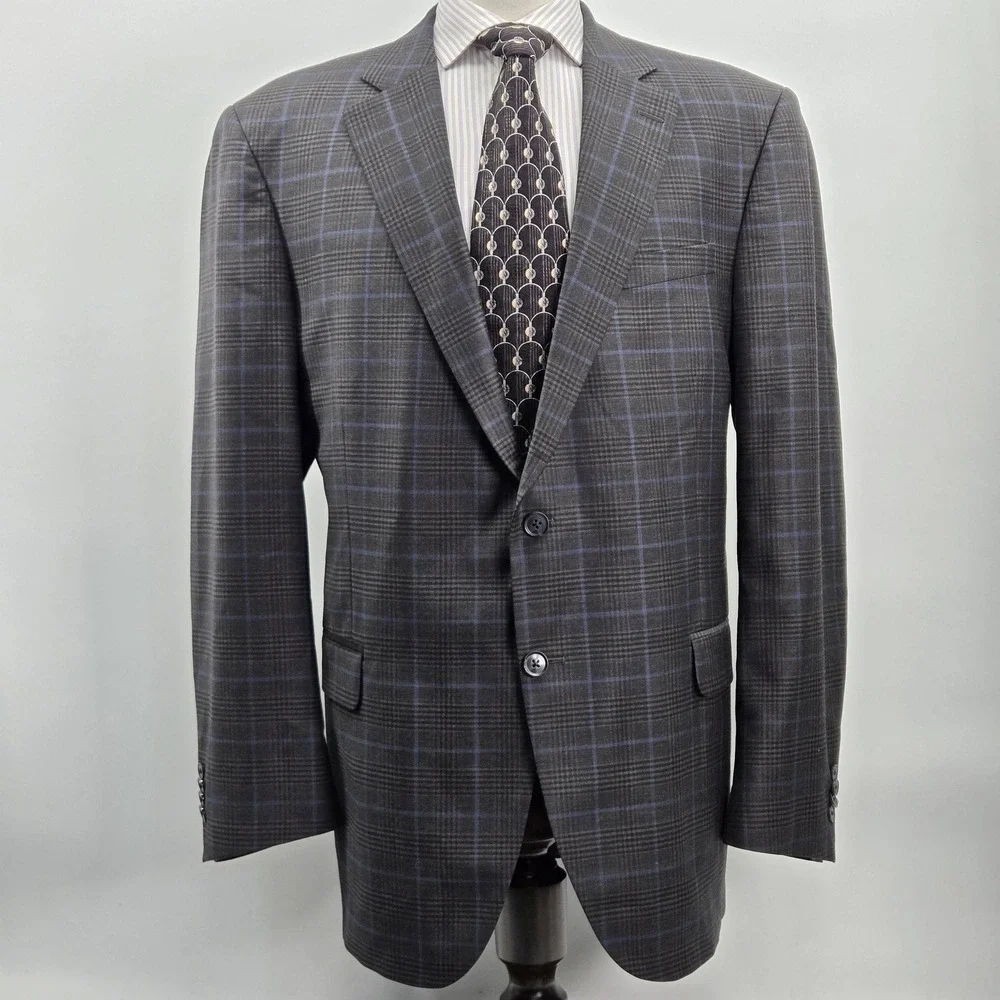 Peter‎ Millar 46 Big & Tall Gray Plaid Wool Sport Coat Mens Single-Breasted